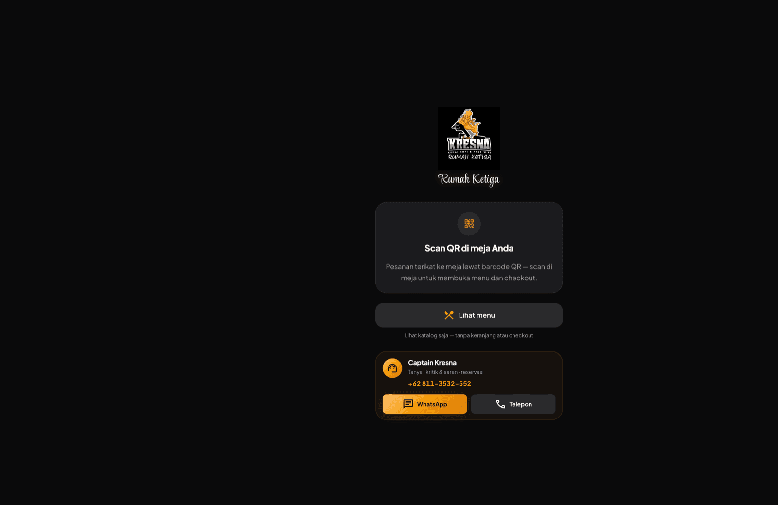 Landing Kedai Kresna Digital Ordering — scan QR meja, lihat menu, dan alur pesan tanpa antri di kasir.