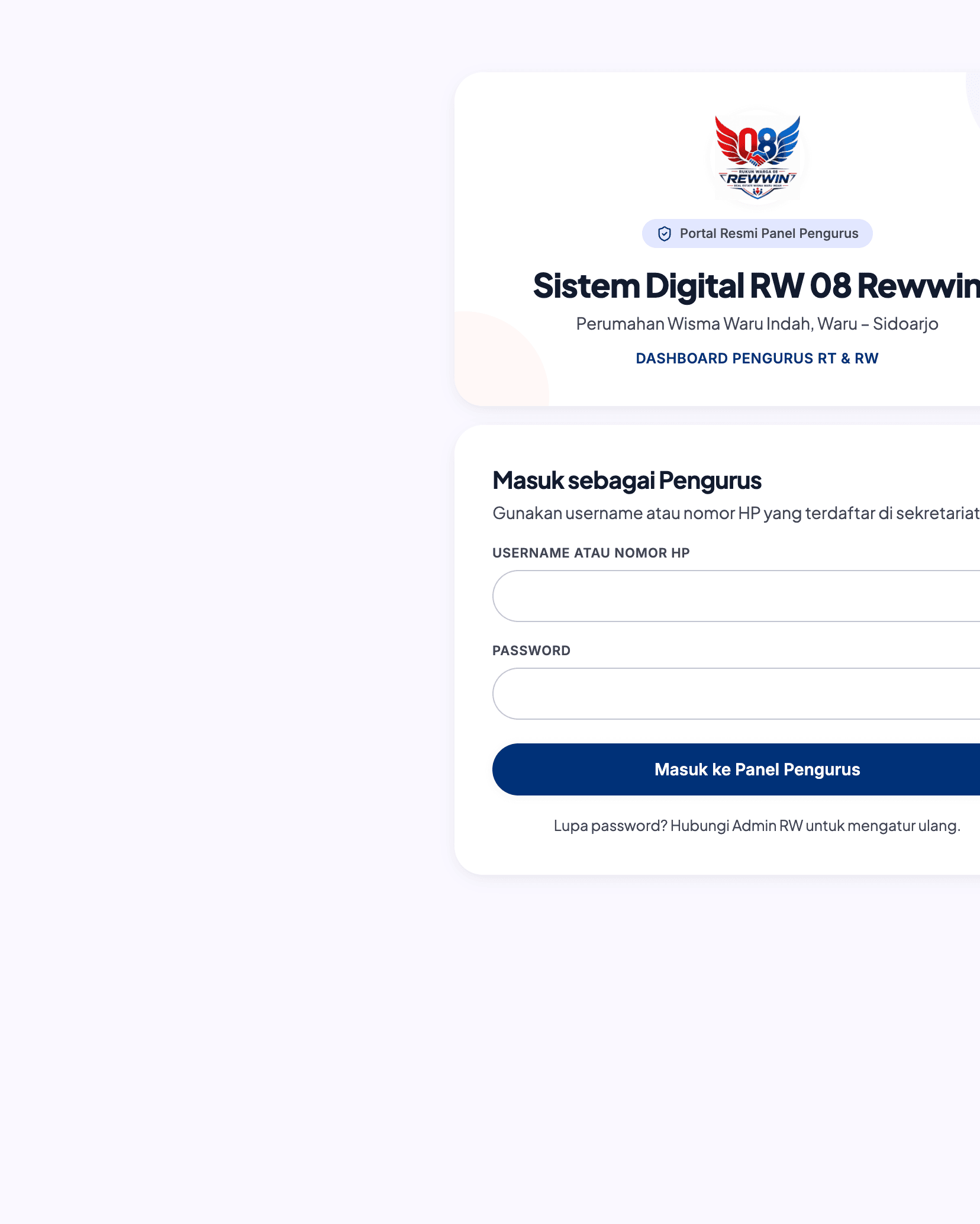 Portal pengurus Sistem Digital RW 08 Rewwin: masuk dashboard RT dan RW.