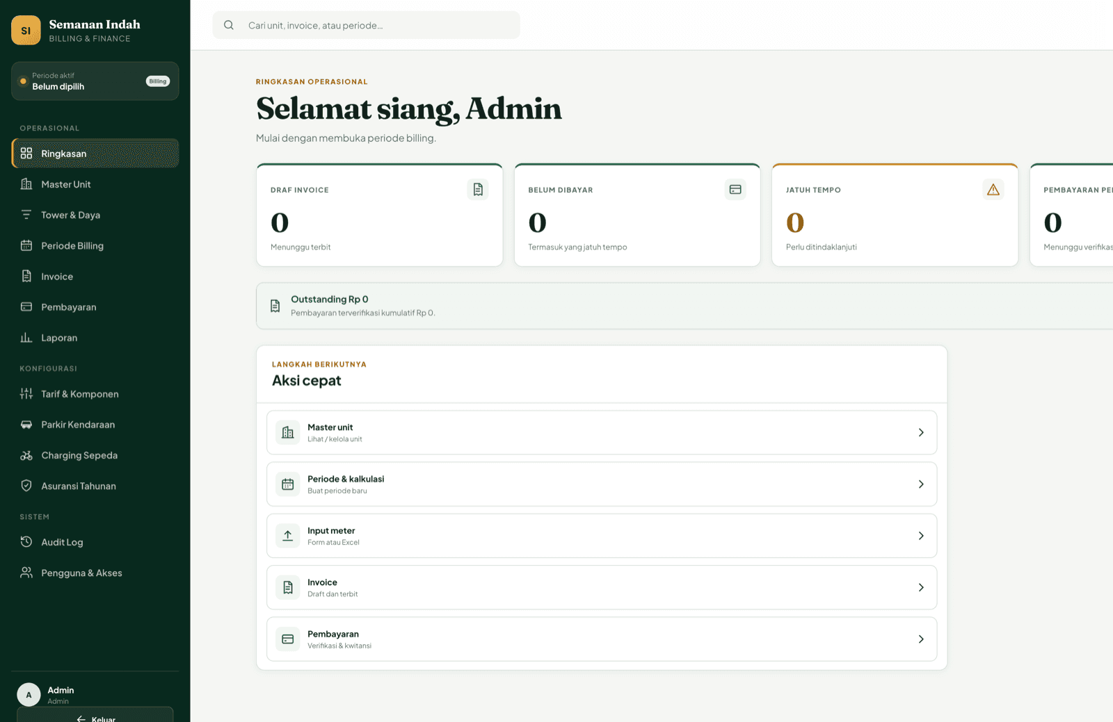 Dashboard ringkasan Semanan Indah Billing & Finance — KPI invoice, jatuh tempo, dan aksi cepat siklus billing.