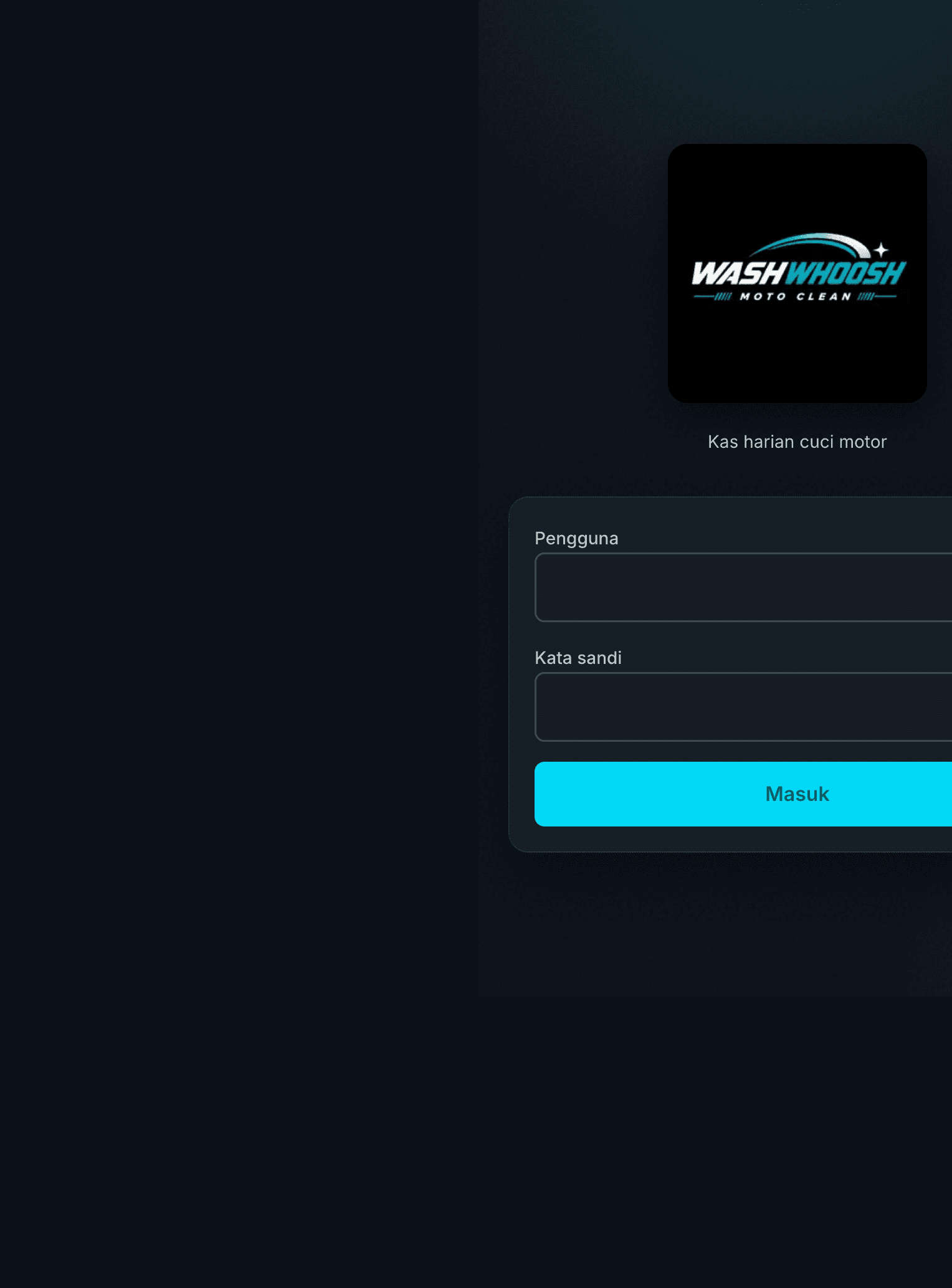 Layar masuk WashWhoosh: PWA kas harian cuci motor untuk operator dan admin pit.